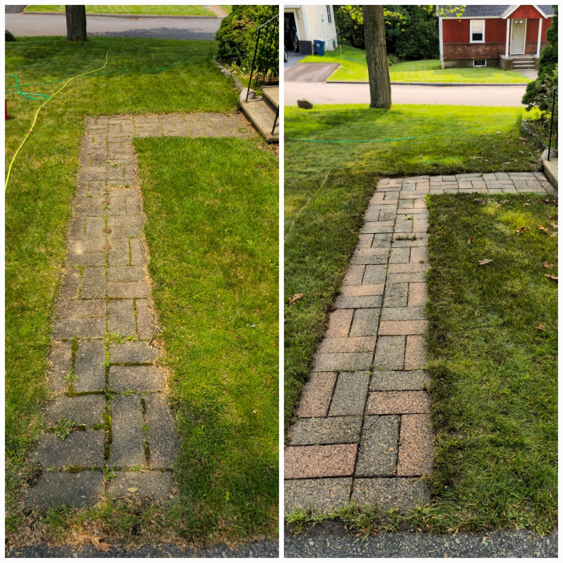 A before and after photo of a brick walkway in a yard.