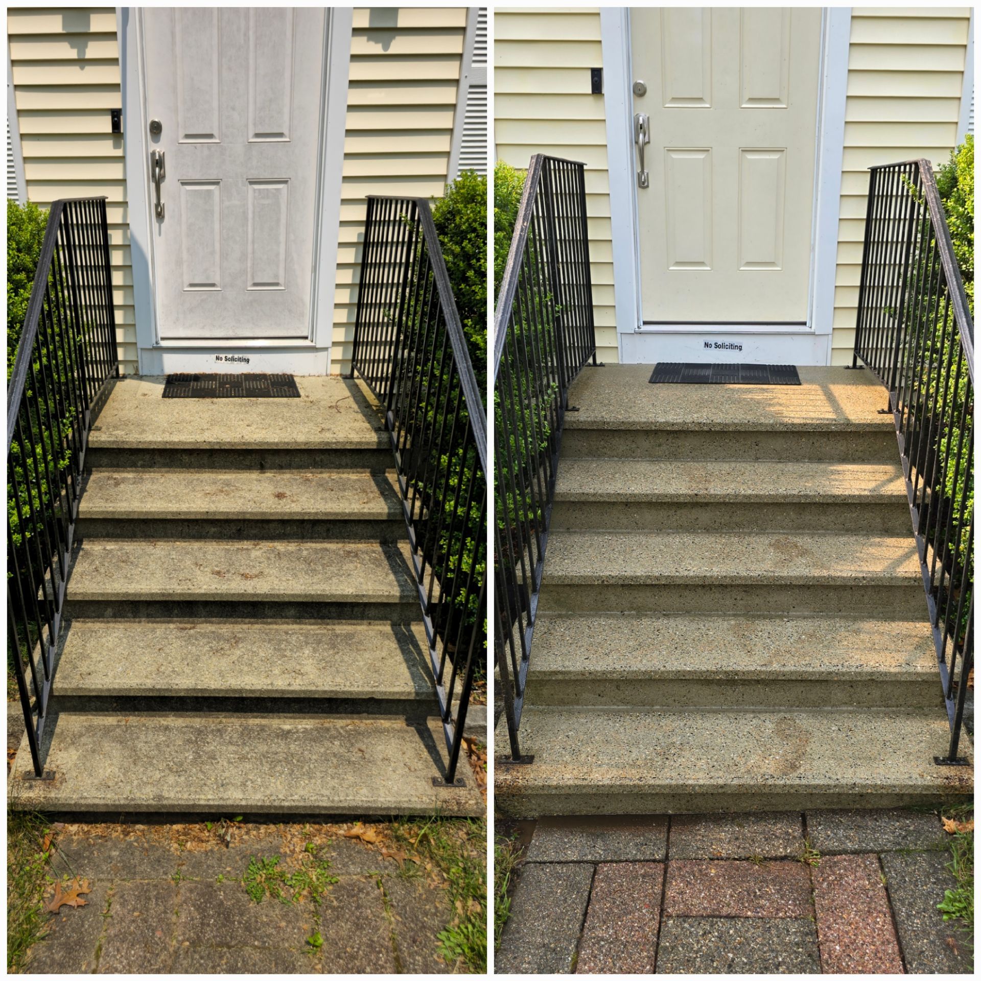 A before and after photo of a set of stairs leading up to a house.