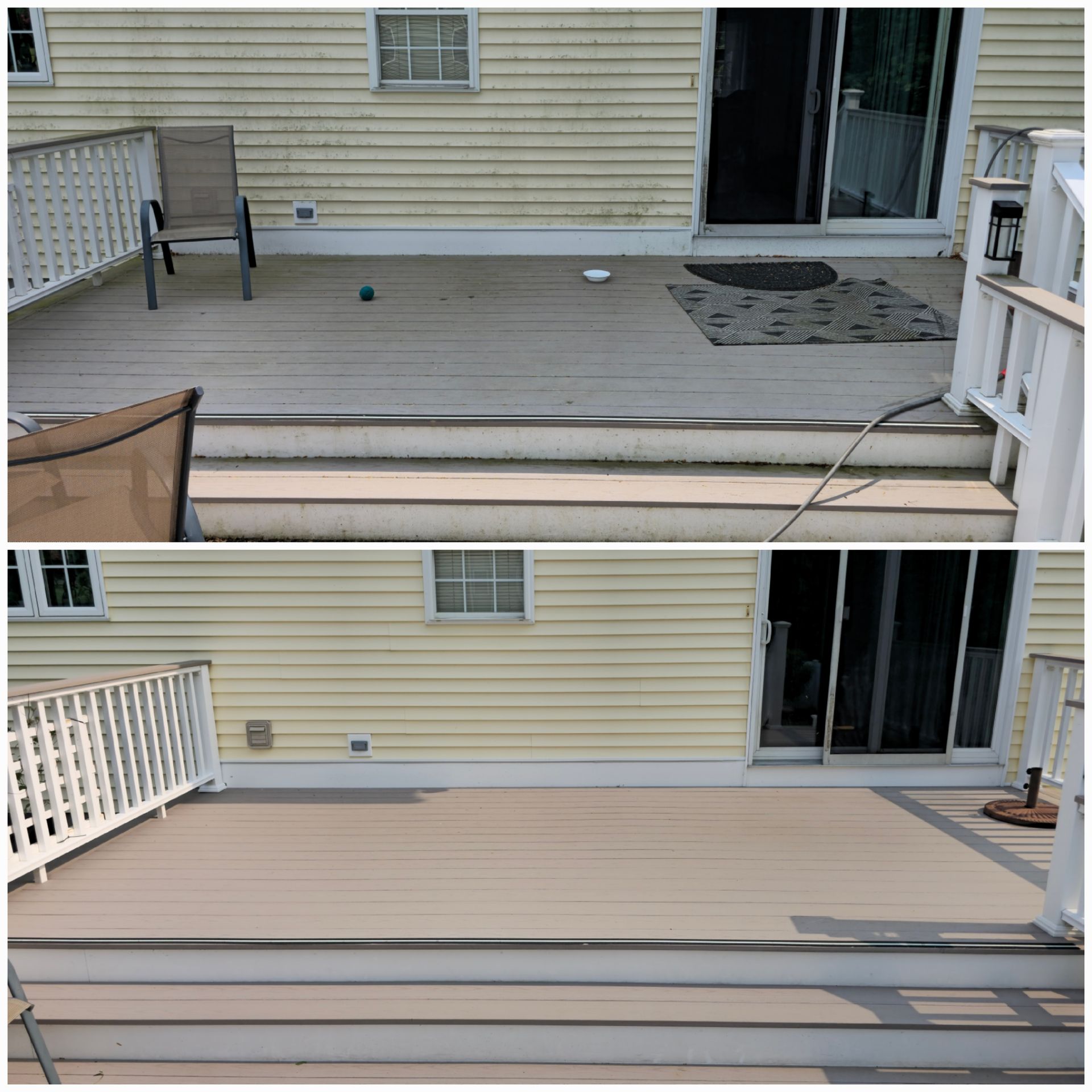 There is a before and after picture of a deck being painted.