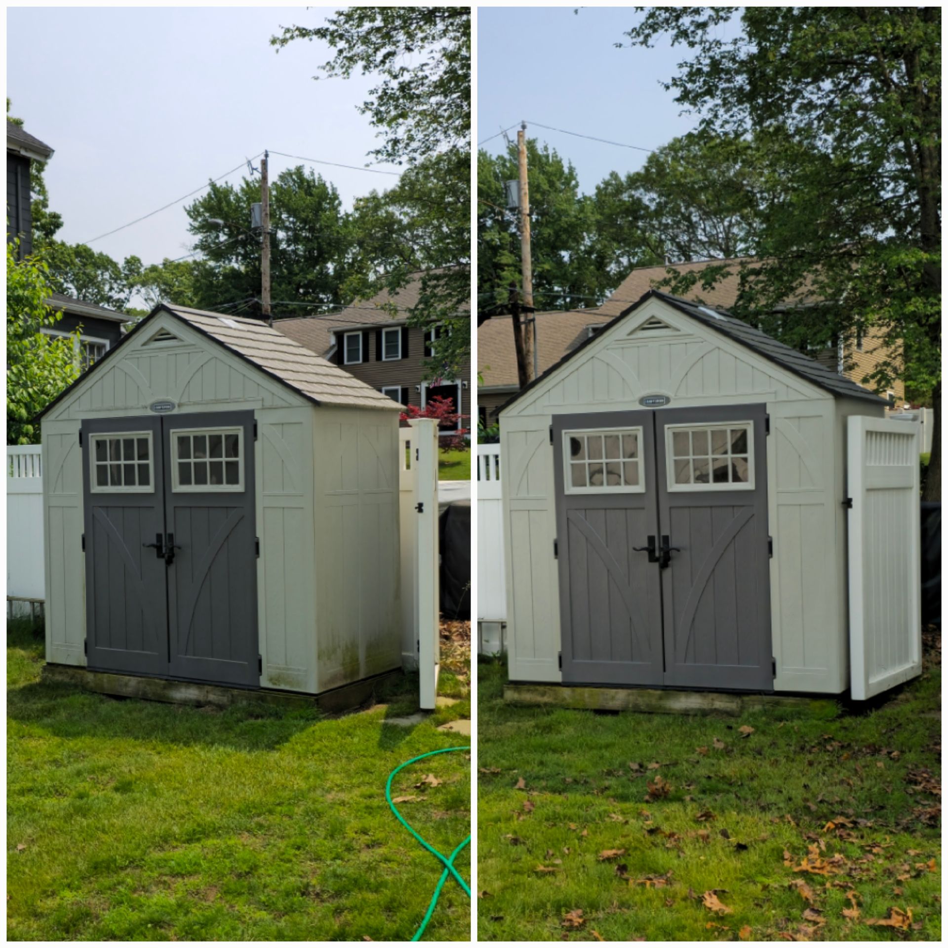 Two pictures of a shed before and after being cleaned