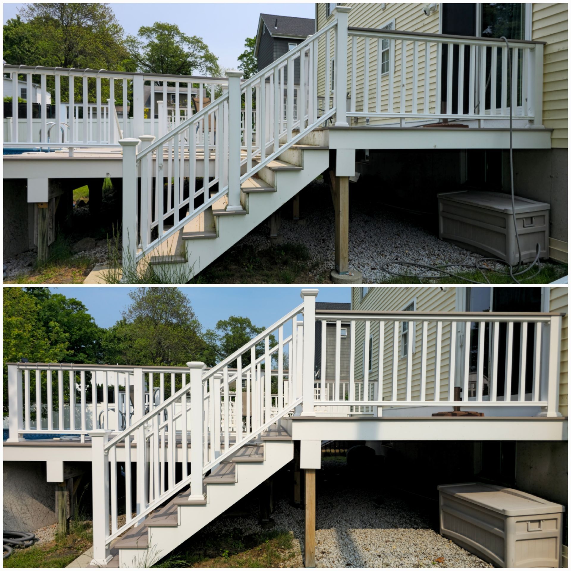 A before and after picture of a deck with stairs