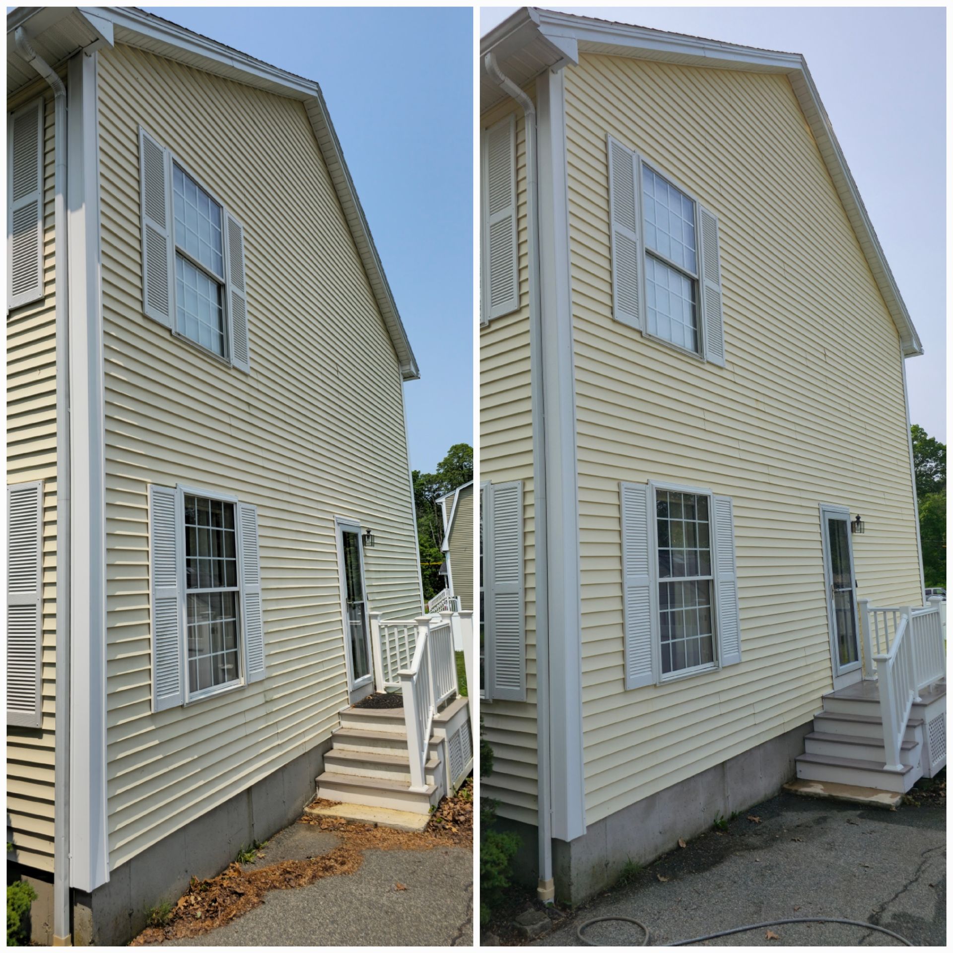 A before and after picture of a yellow house with white shutters