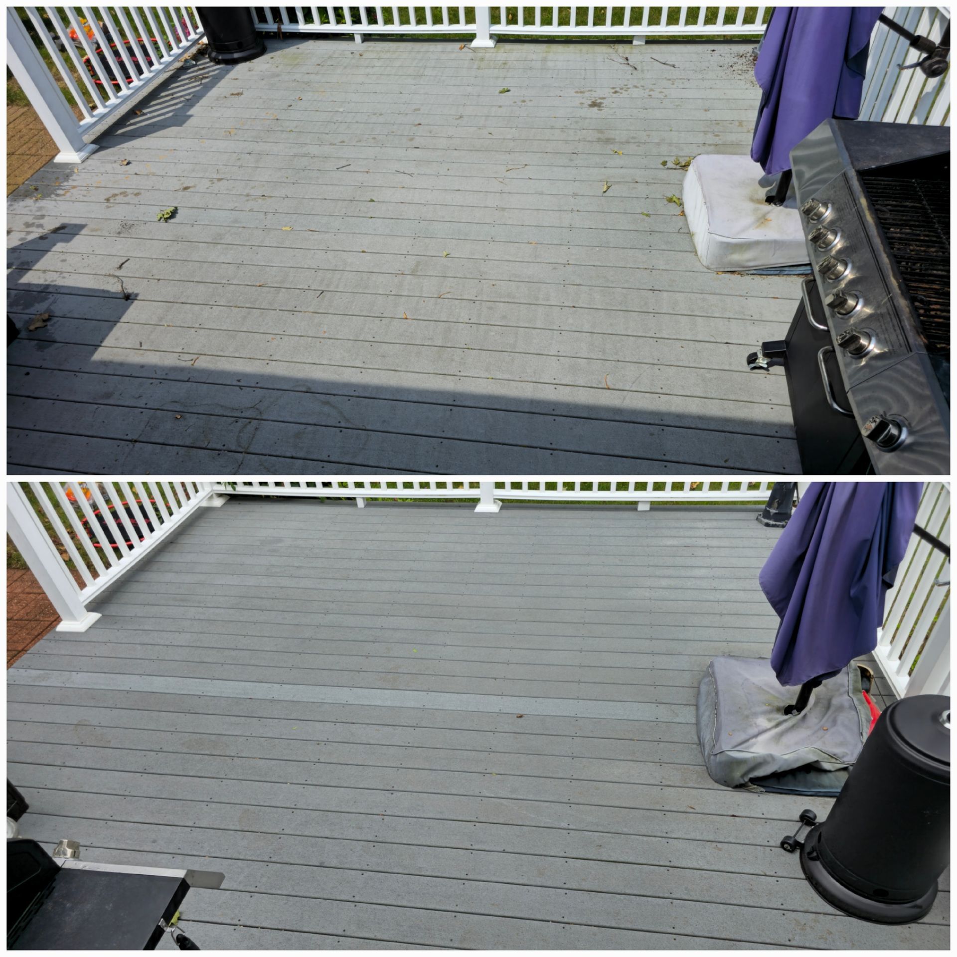 A before and after photo of a deck with a grill and umbrella.