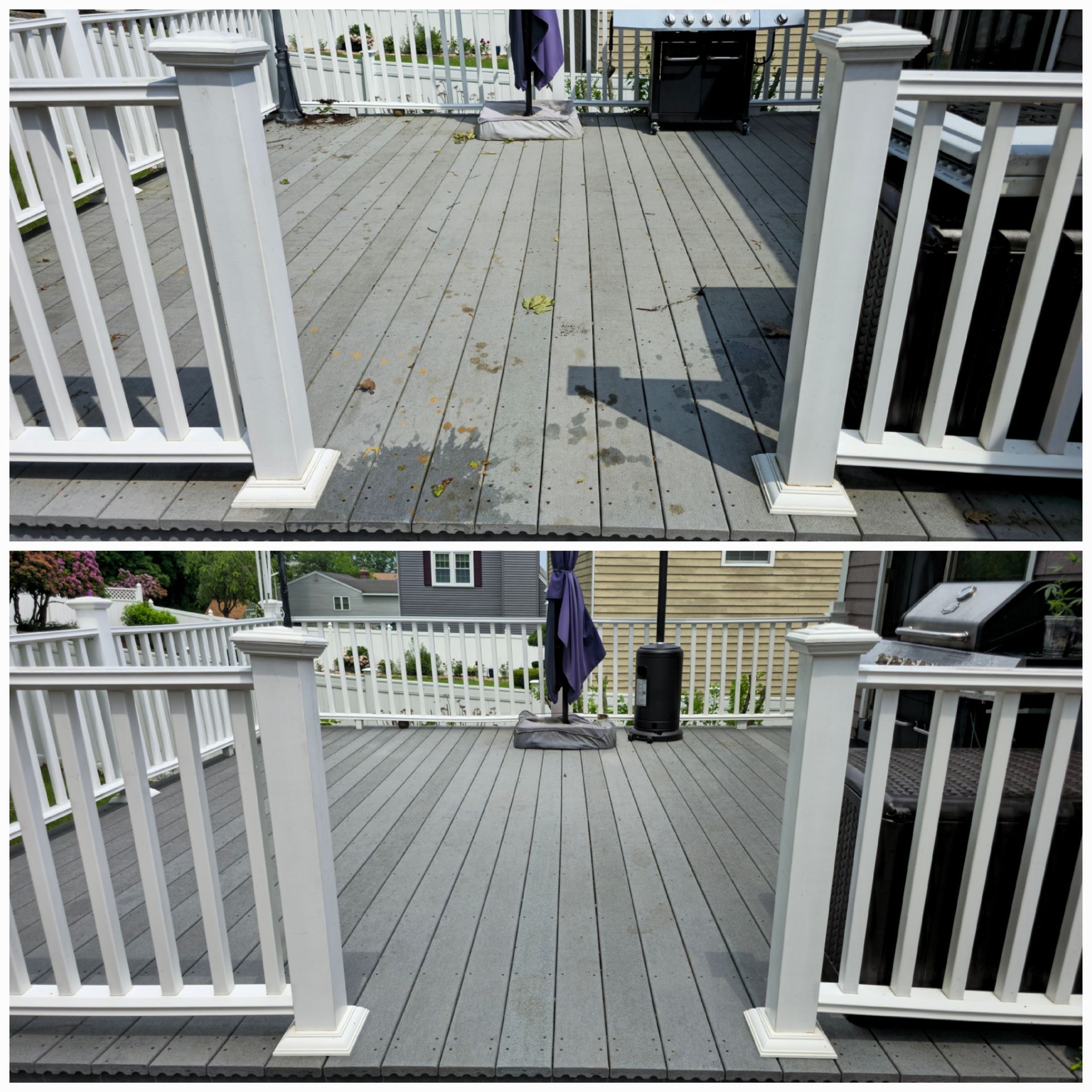 A before and after photo of a deck with a white railing.