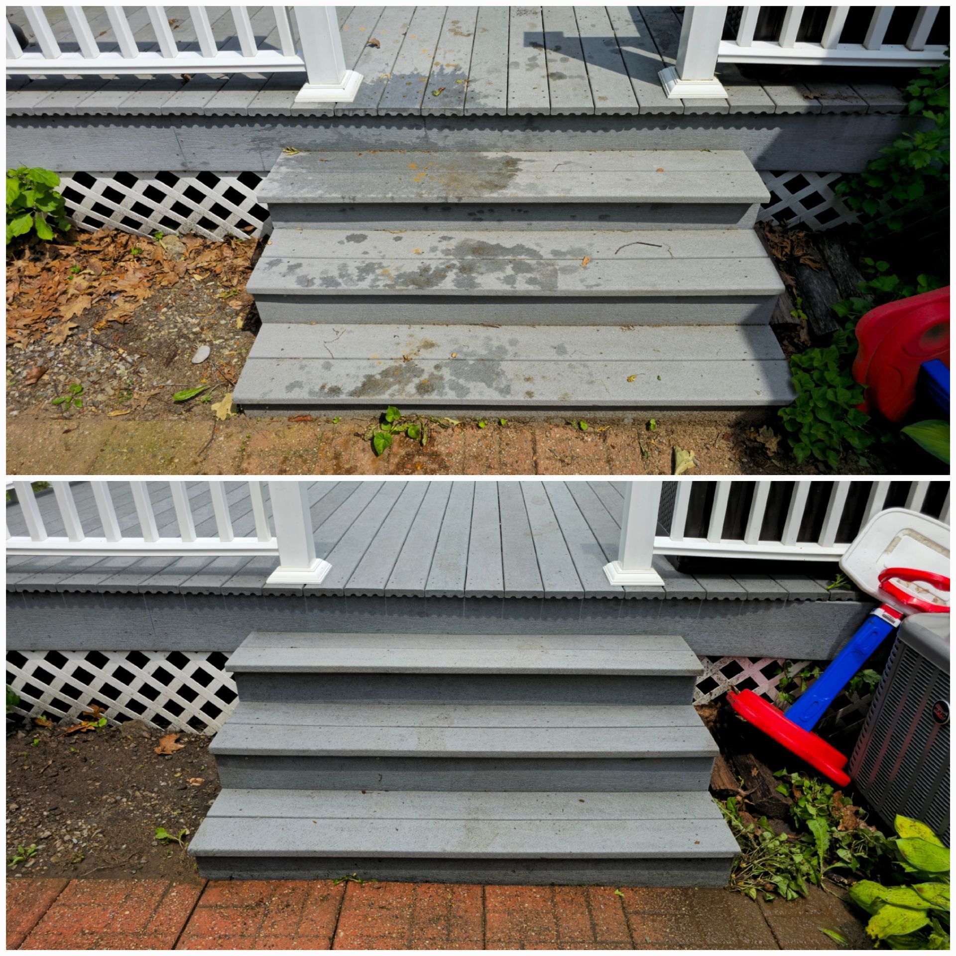 A before and after photo of a deck with stairs