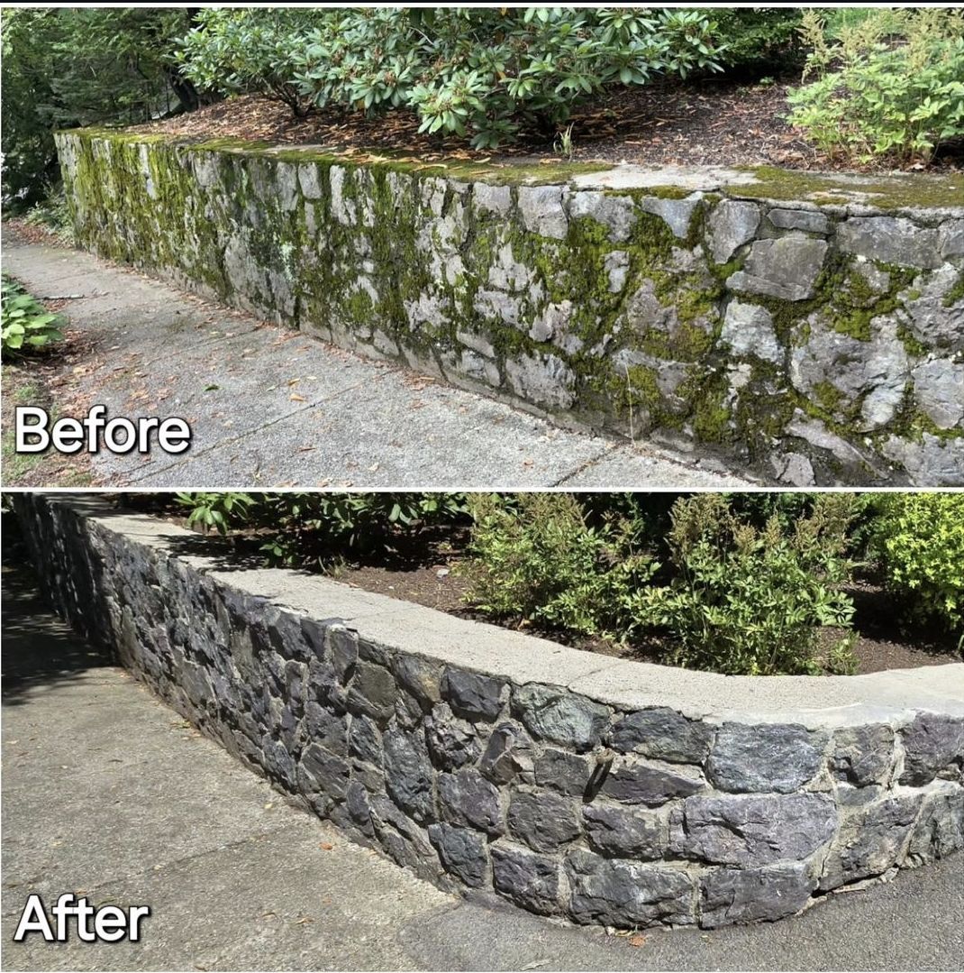 A before and after picture of a stone wall with moss on it.