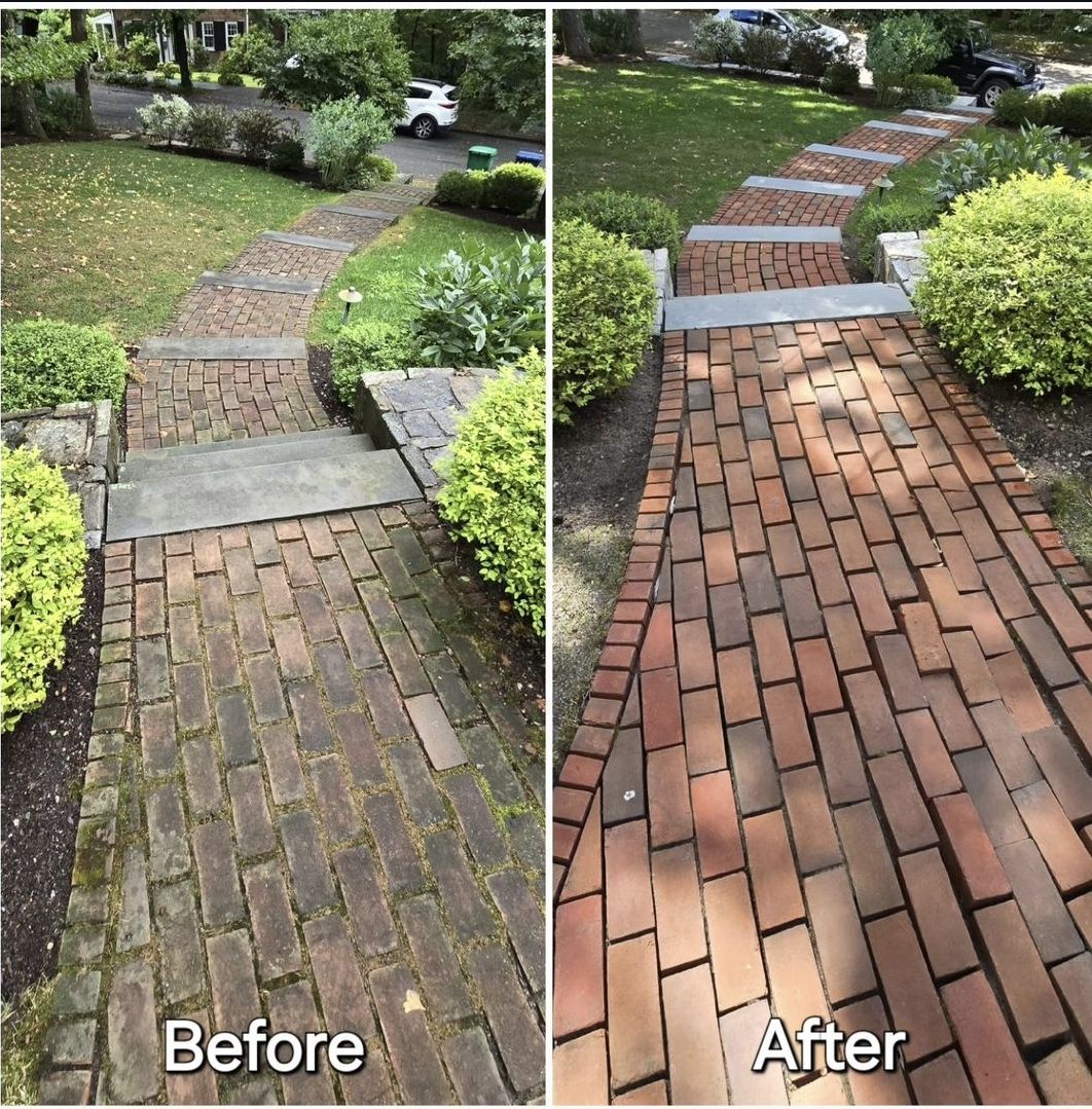 A before and after photo of a brick walkway.