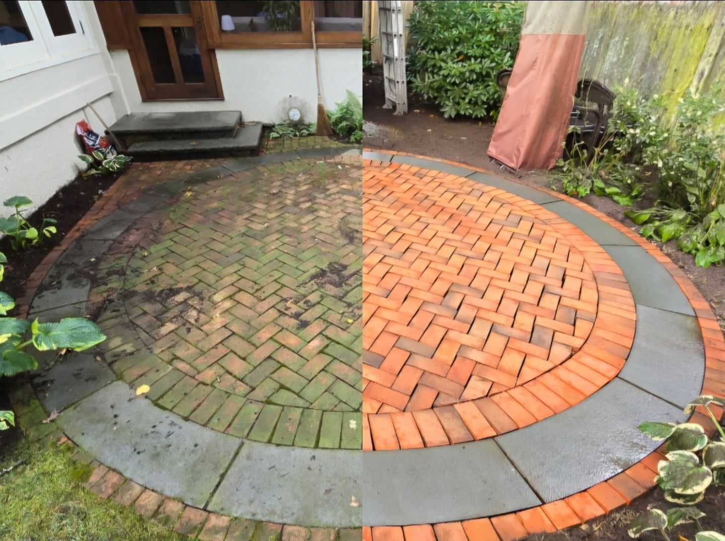 A before and after photo of a brick patio