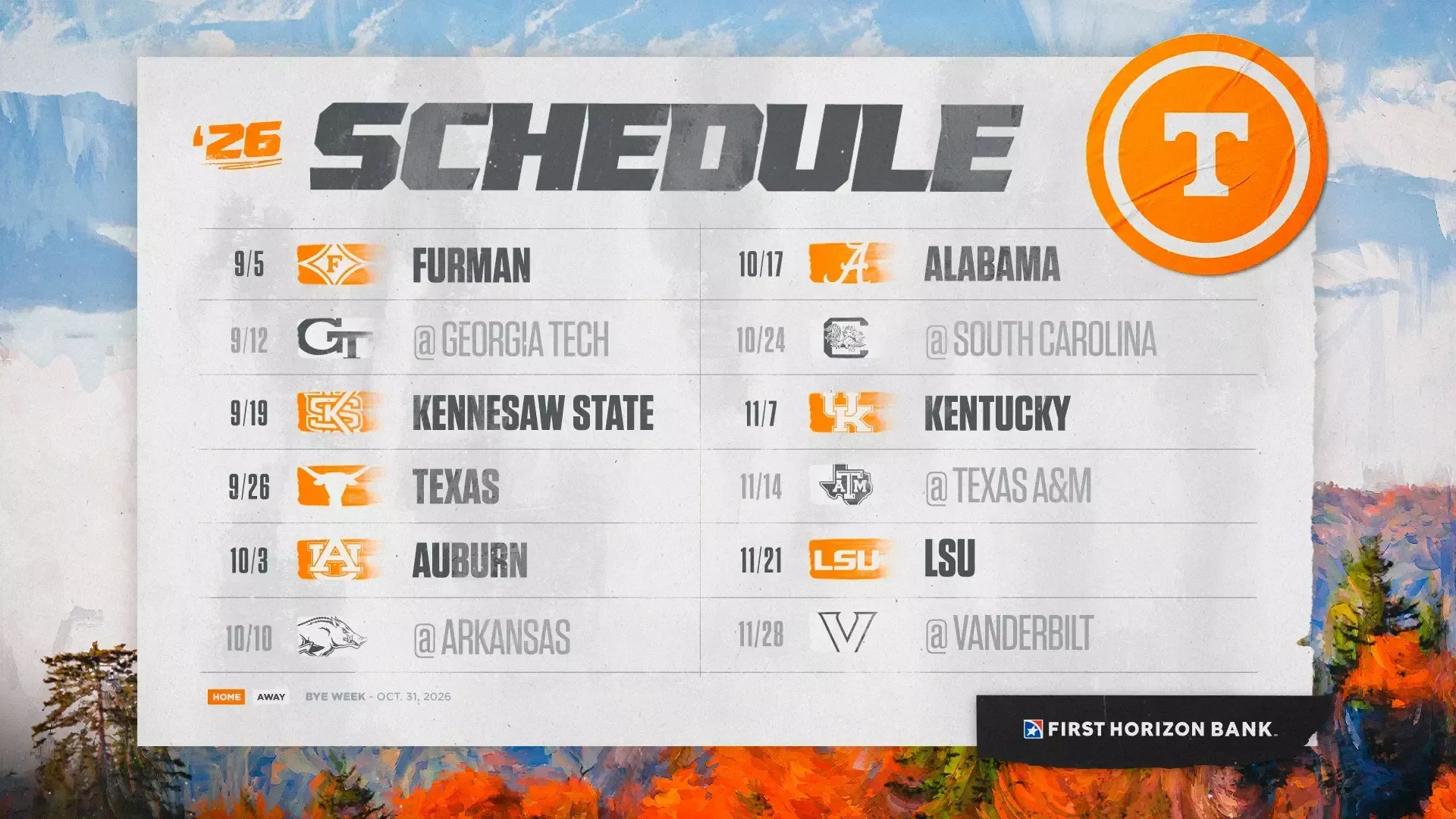 Tennessee Volunteers 2025 football schedule. Orange and white graphic listing dates, opponents, and results (Wins shown).