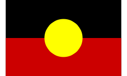 A red , black and yellow flag with a yellow circle in the middle.