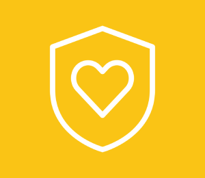 A shield with a heart inside of it on a yellow background.