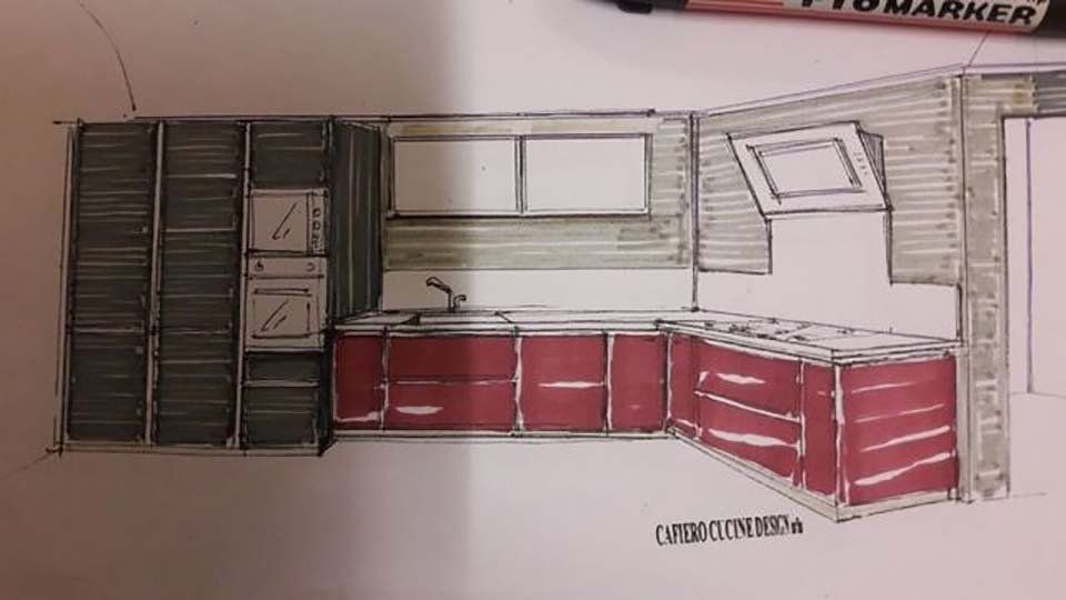bozzetto cucina con arredi rossi