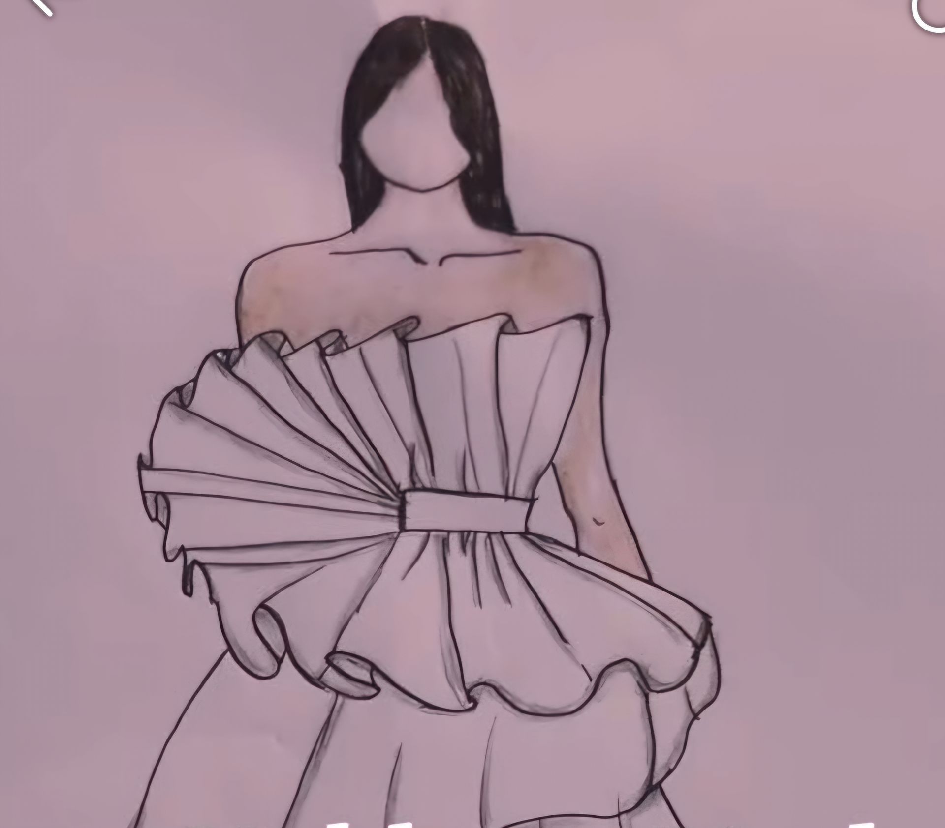 Schetstekening van vrouw in witte jurk op paarse achtergrond
