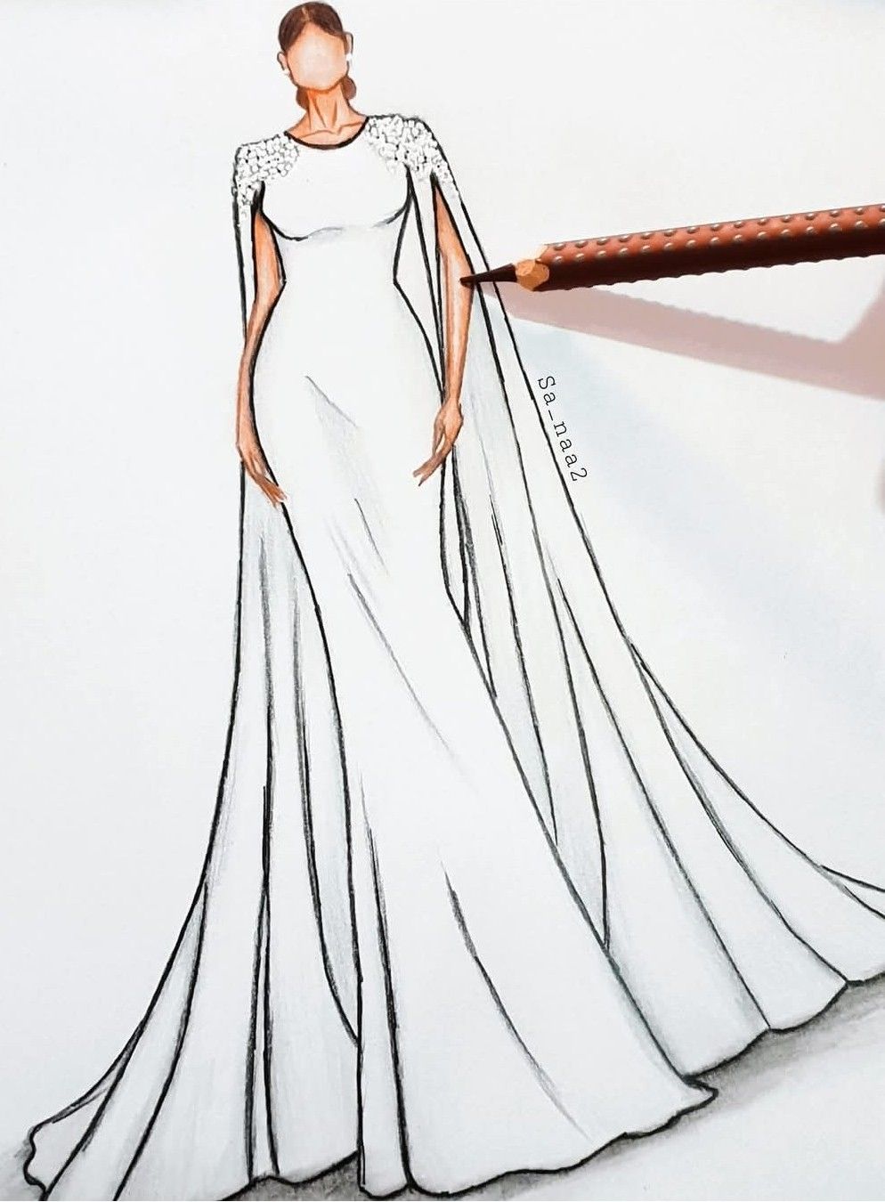 Schetstekening van vrouw in een witte jurk met een cape