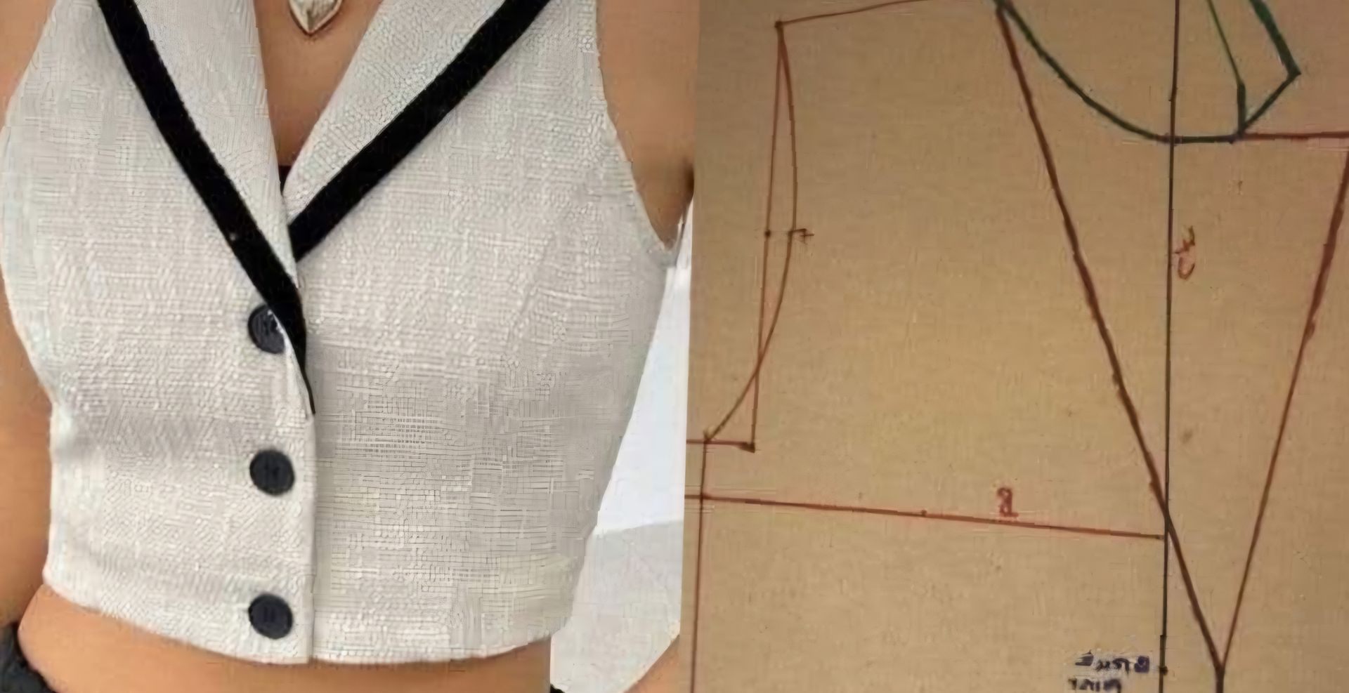 Een vrouw draagt ​​een croptop naast een naaipatroon.