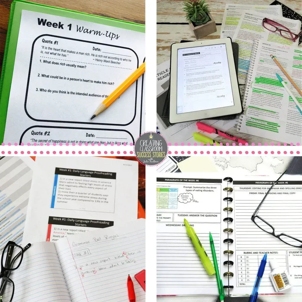 A collage of four pictures shows a notebook , a tablet , a pencil , and glasses.