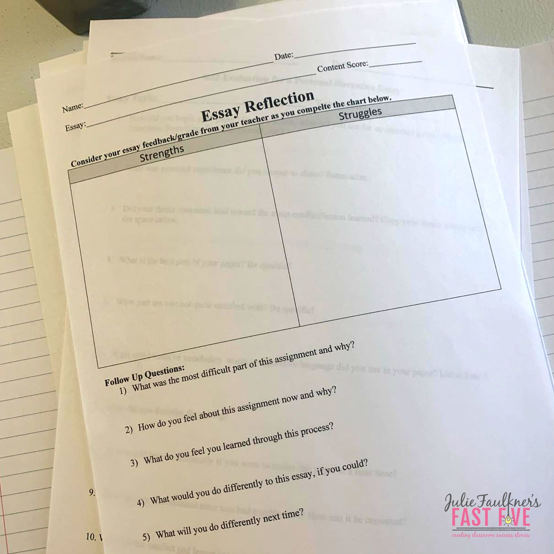 A piece of paper that says essay reflection on it