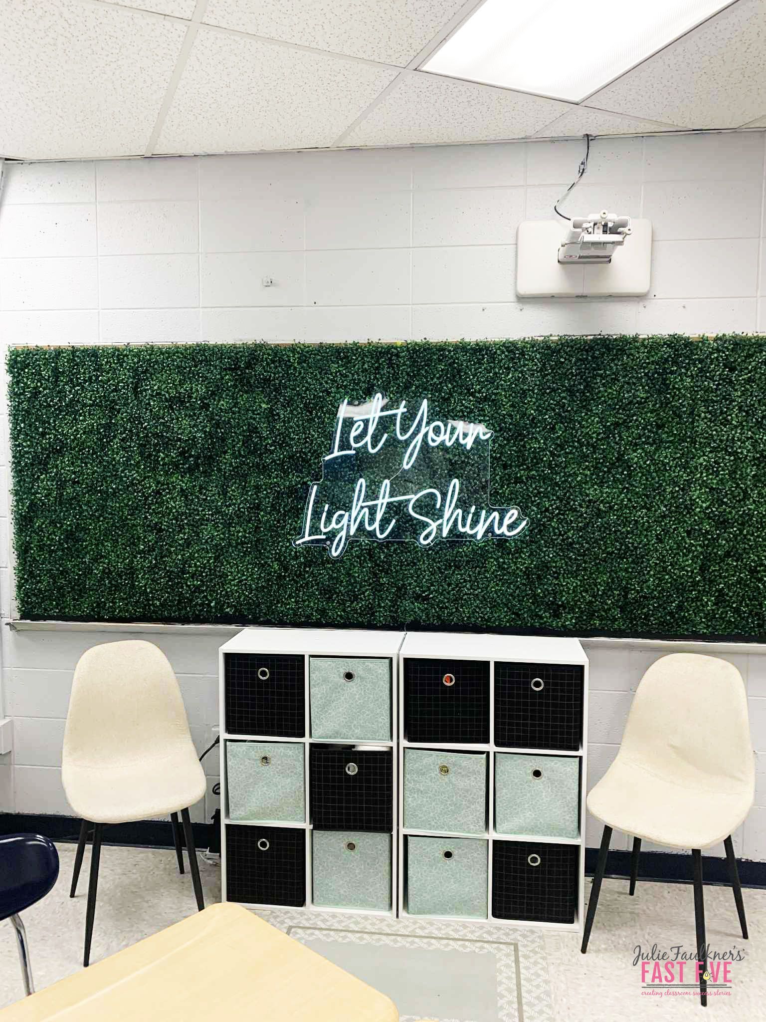 plant theme high school classroom, faux boxwood wall with neon light, jfaulkner