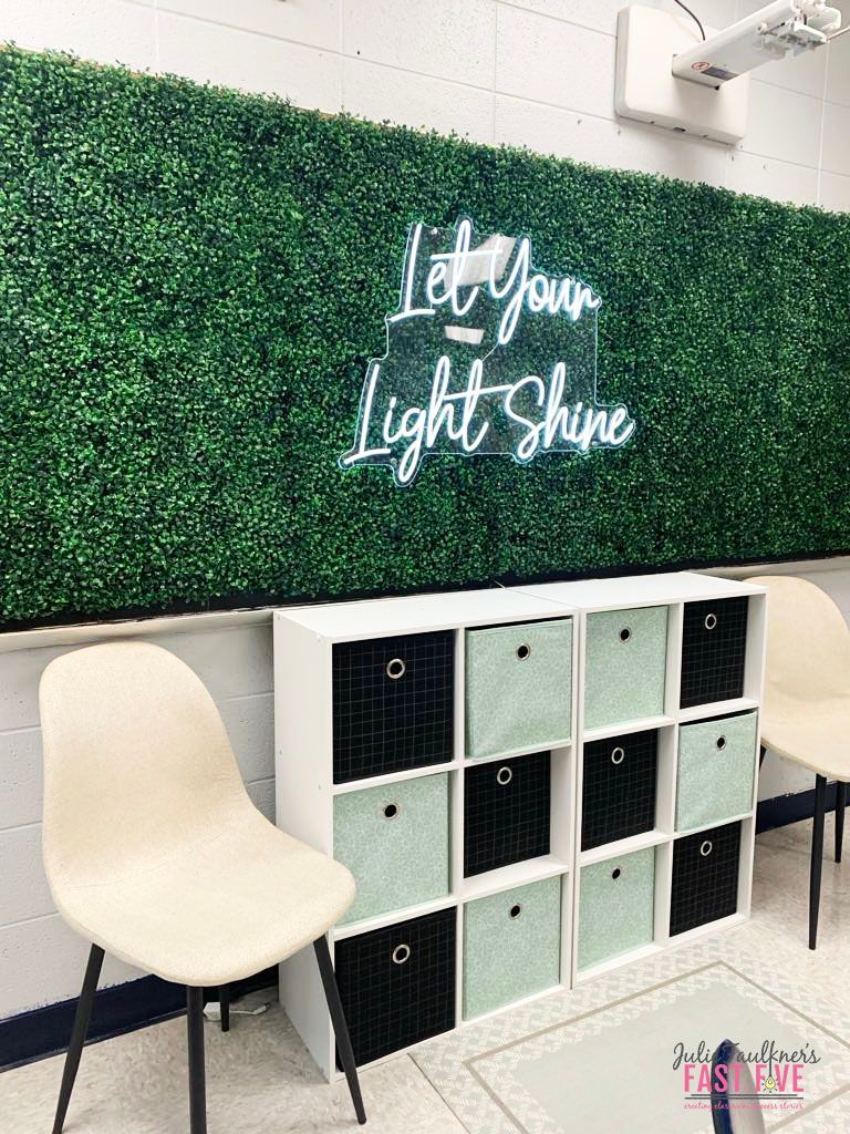plant theme high school classroom, faux boxwood wall with neon light, jfaulkner