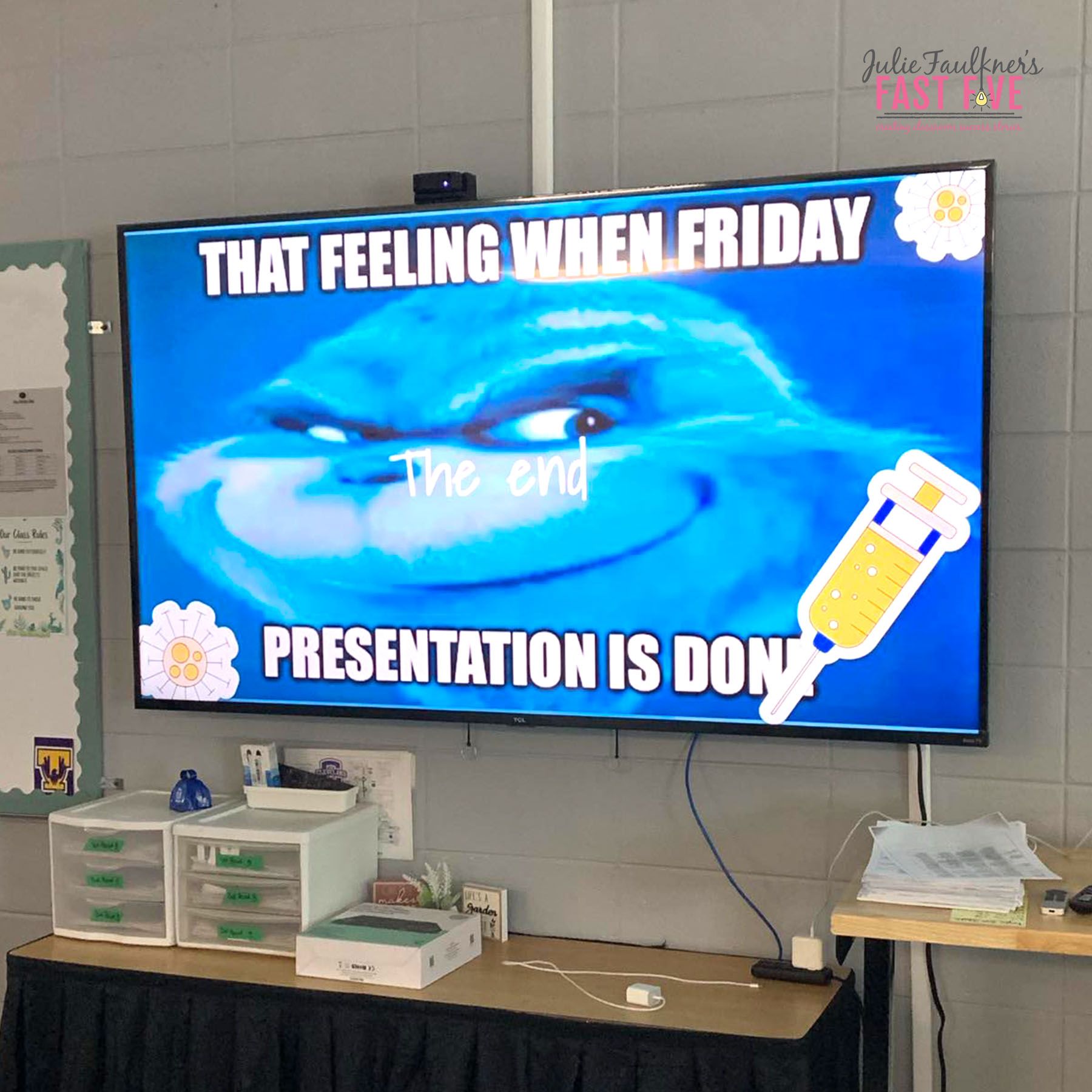 A flat screen tv with a meme on it that says that feeling when friday presentation is done