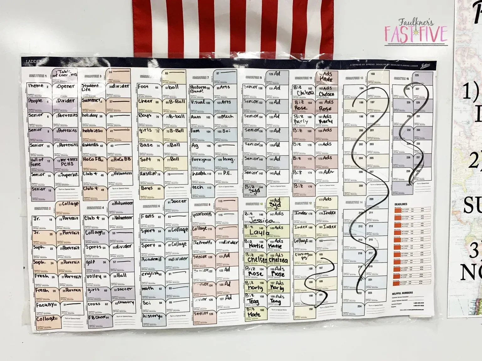 A binder with a lot of papers on it is hanging on a wall.