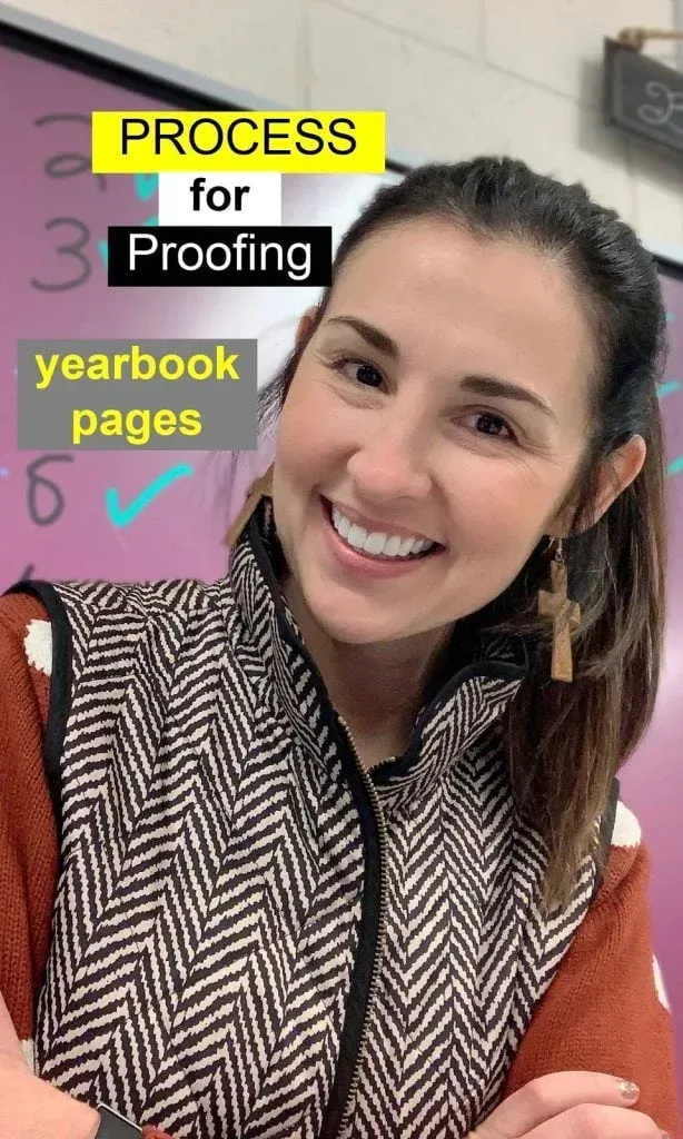 A woman is smiling in front of a purple board that says process for proofing yearbook pages.