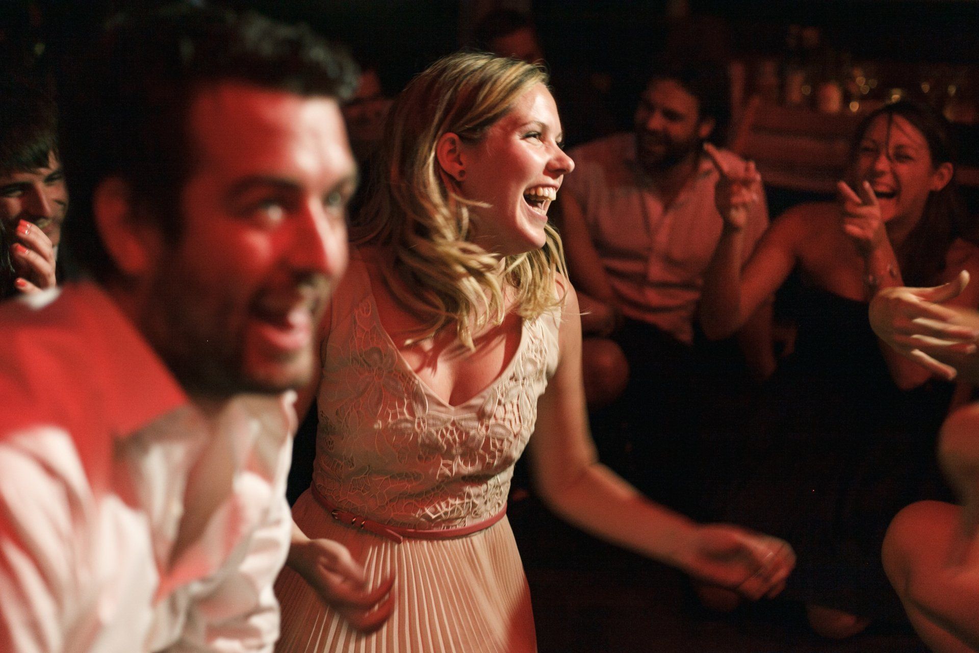 wedding guests having fun dancing at band on the wall Manchester