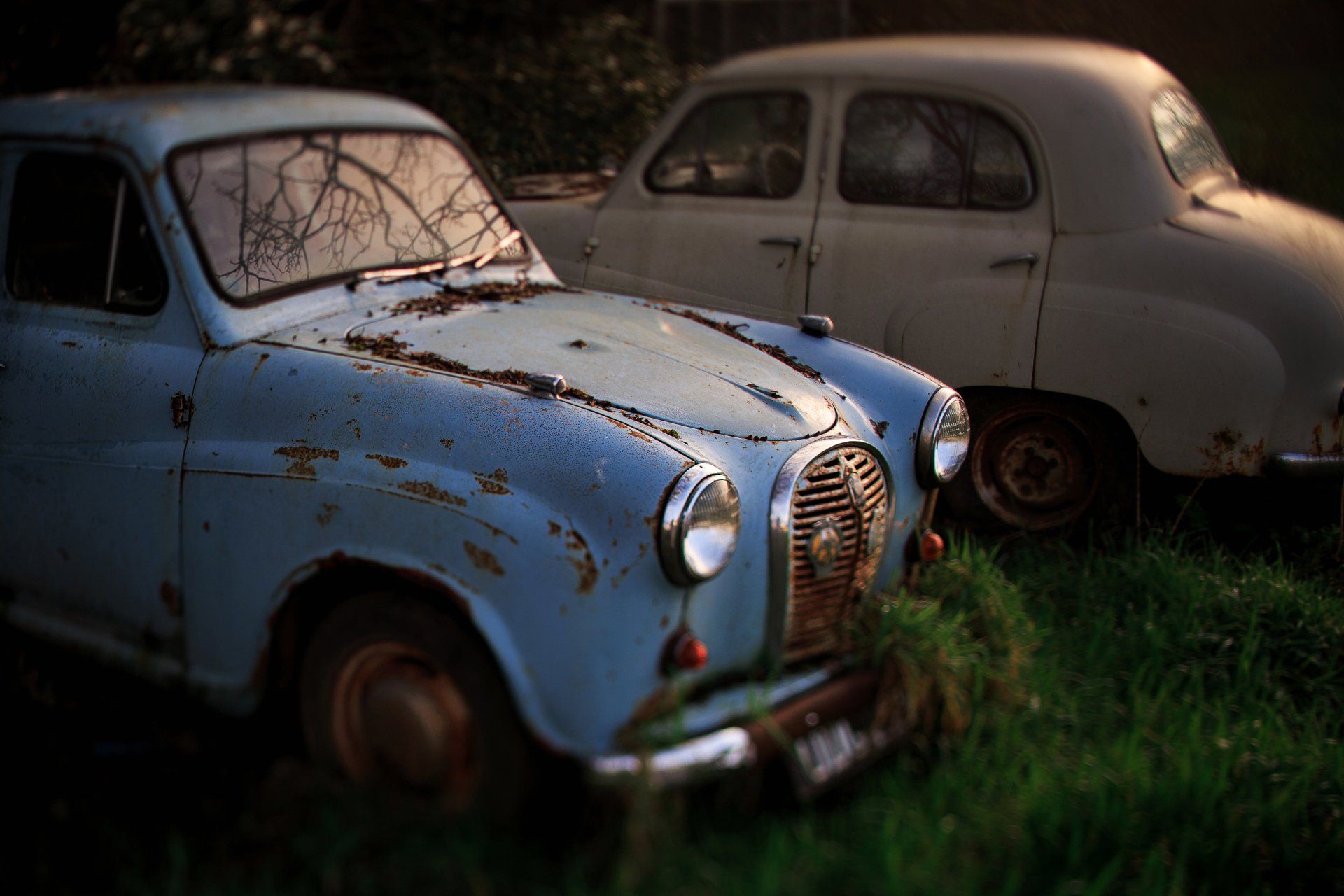 two old and shabby vintage cars in Cornwall