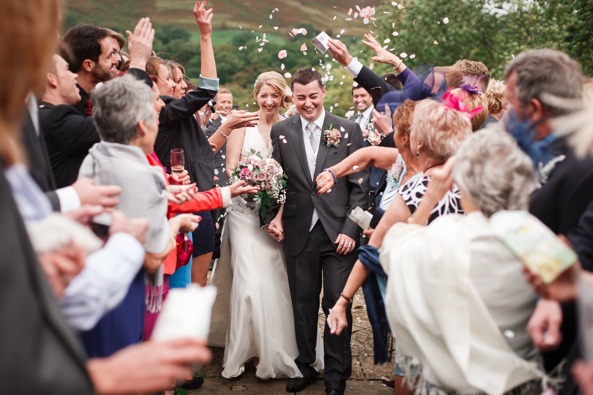 bride and groom confetti photos at Losehill House Hotel