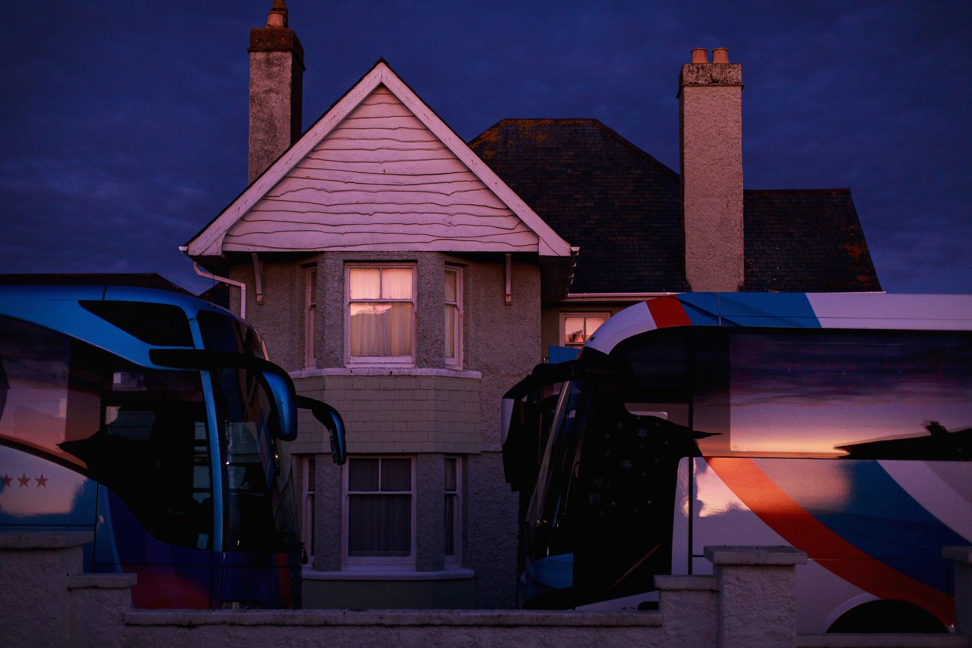 old hotel in Newquay Cornwall Blue hour A24 vibes