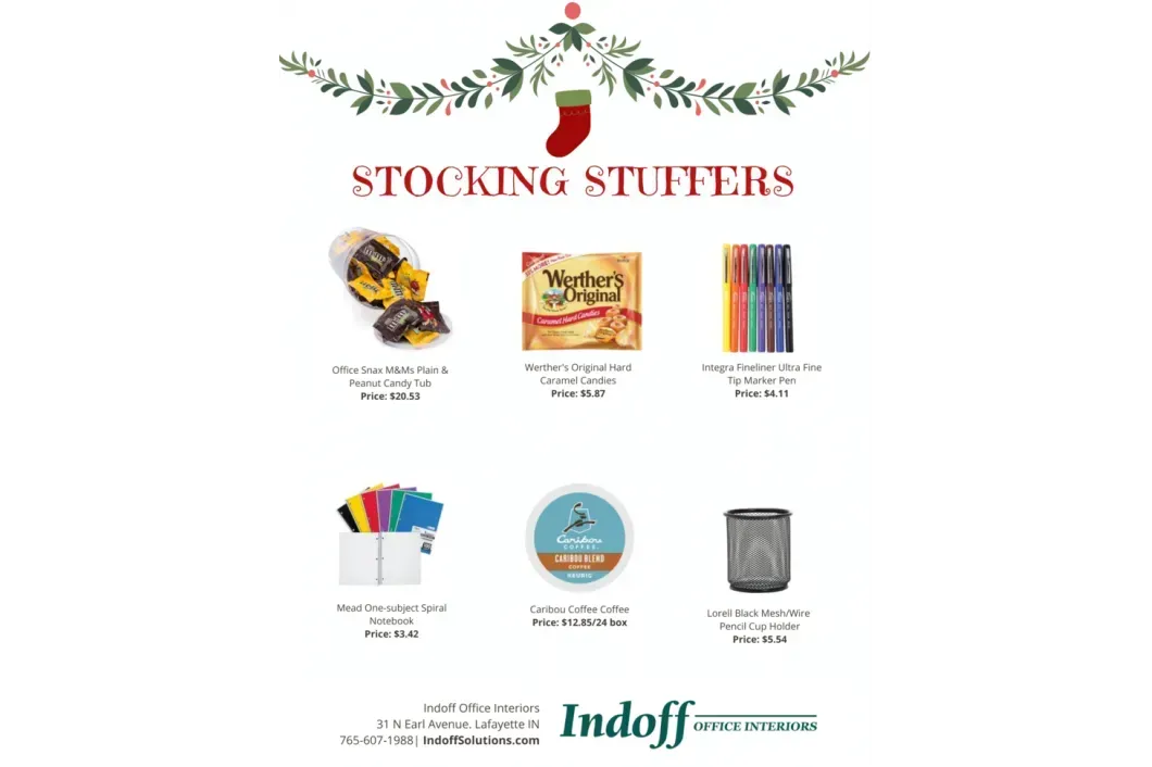 A poster for stocking stuffers with a christmas stocking on top.