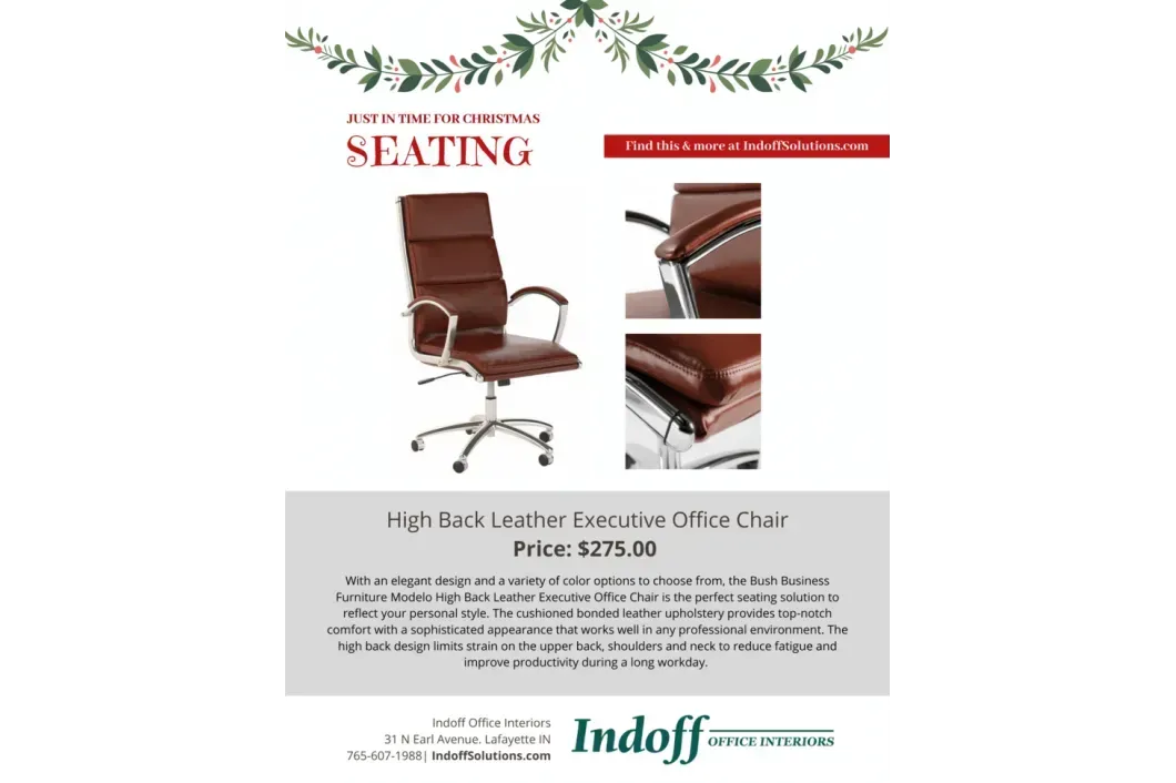 An advertisement for a brown leather office chair