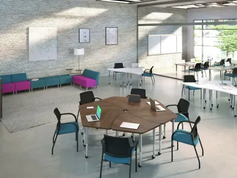 Minimalist office layout with meeting tables