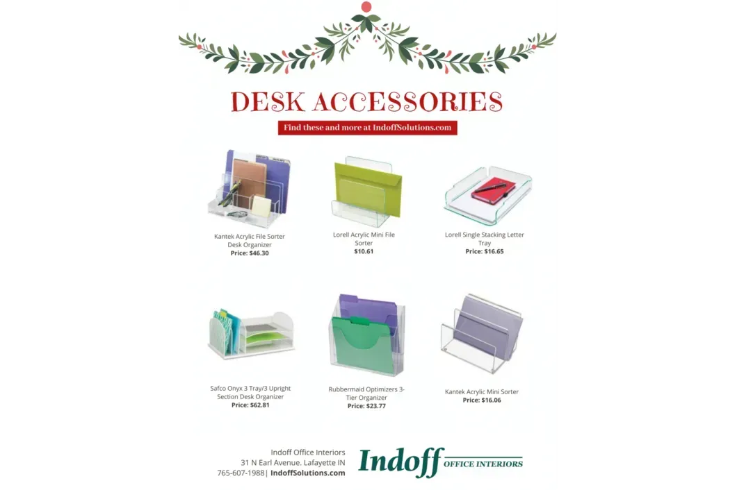 A poster for desk accessories by indoff shows a variety of desk accessories.