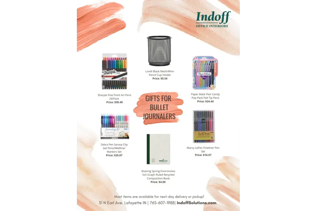 A flyer for indoff shows a variety of stationery items.