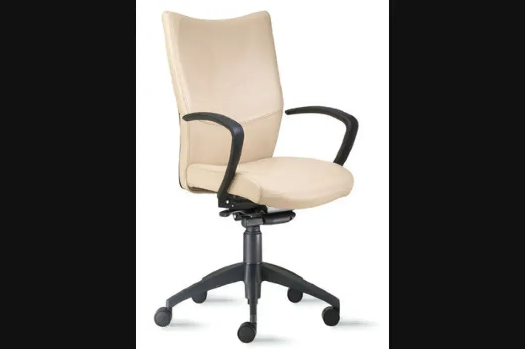 A beige office chair with black arm rests on a white background