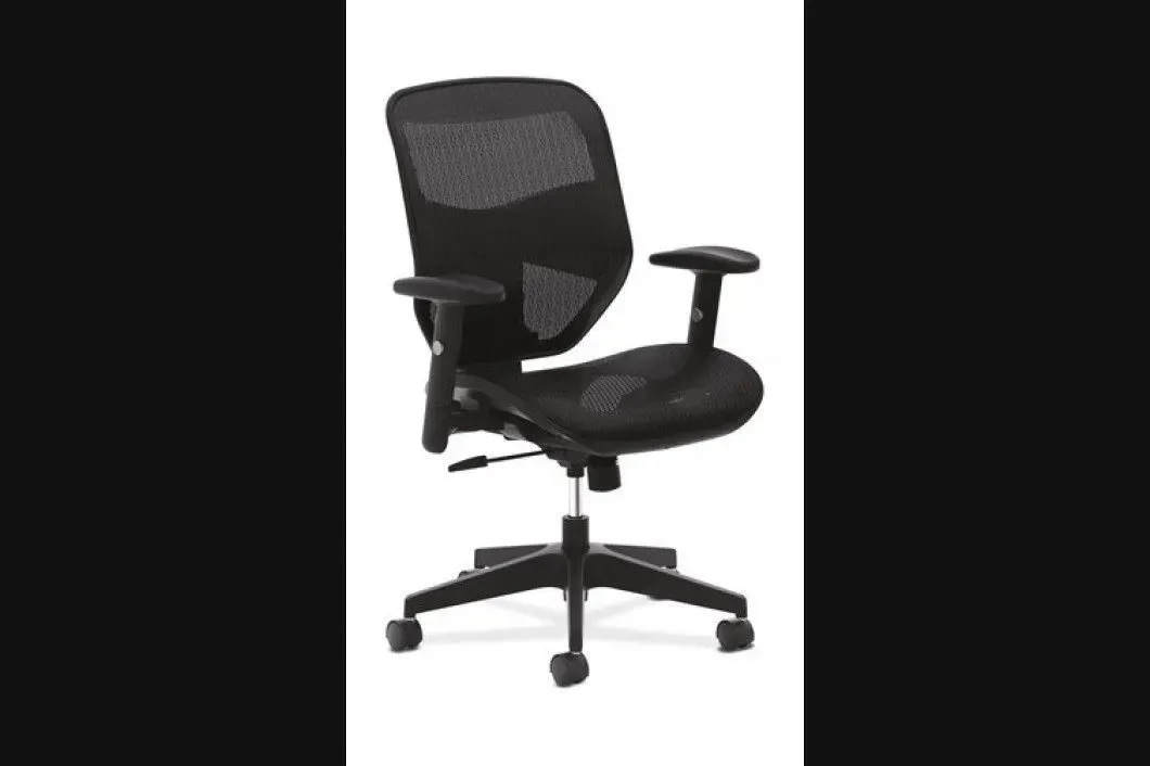 A black office chair with a mesh back and arm rests