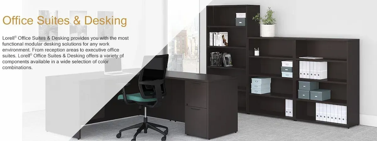 A picture of an office suite with a desk and chair.