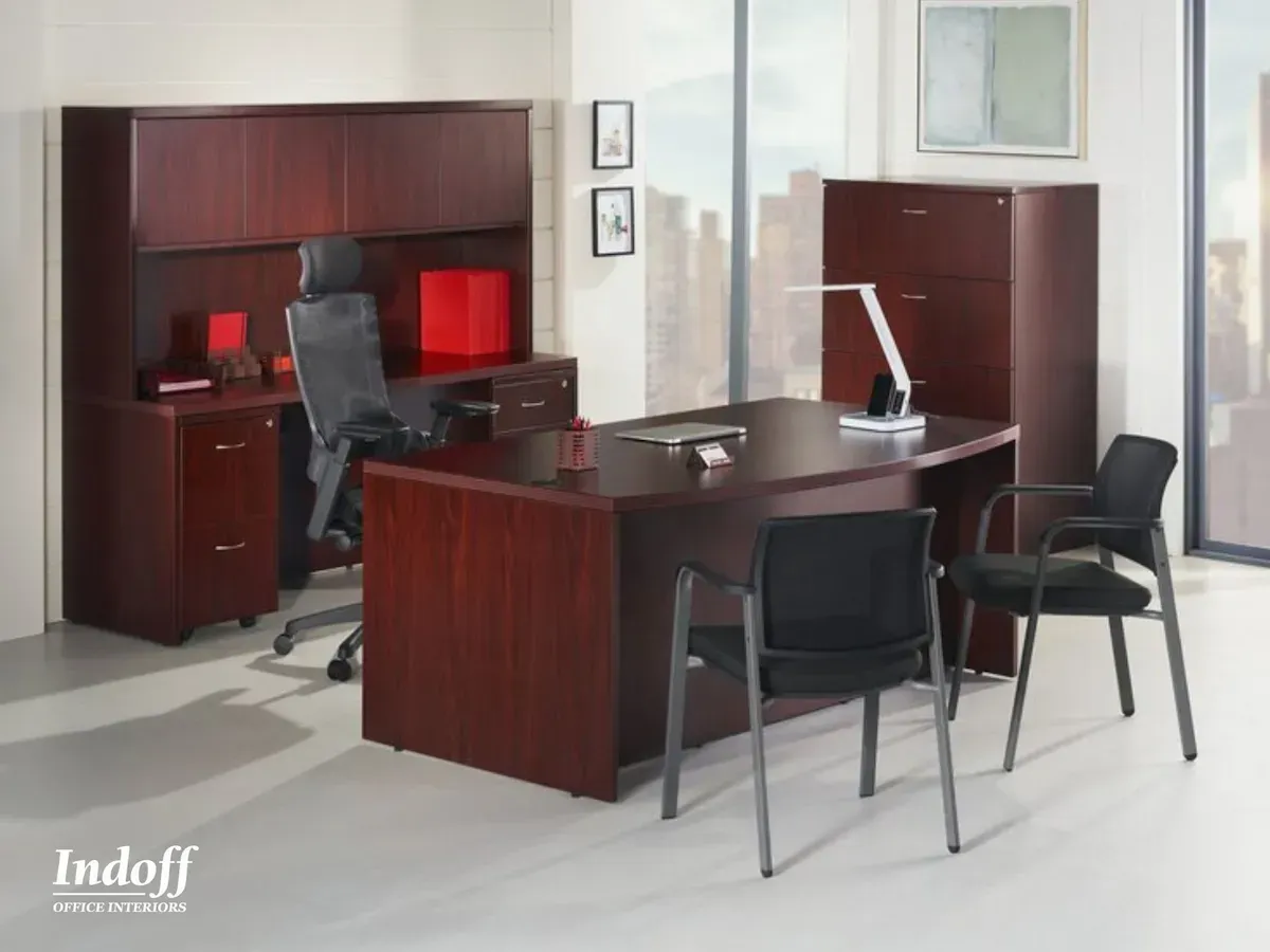 A room with a desk and chairs and the word indoff on the bottom