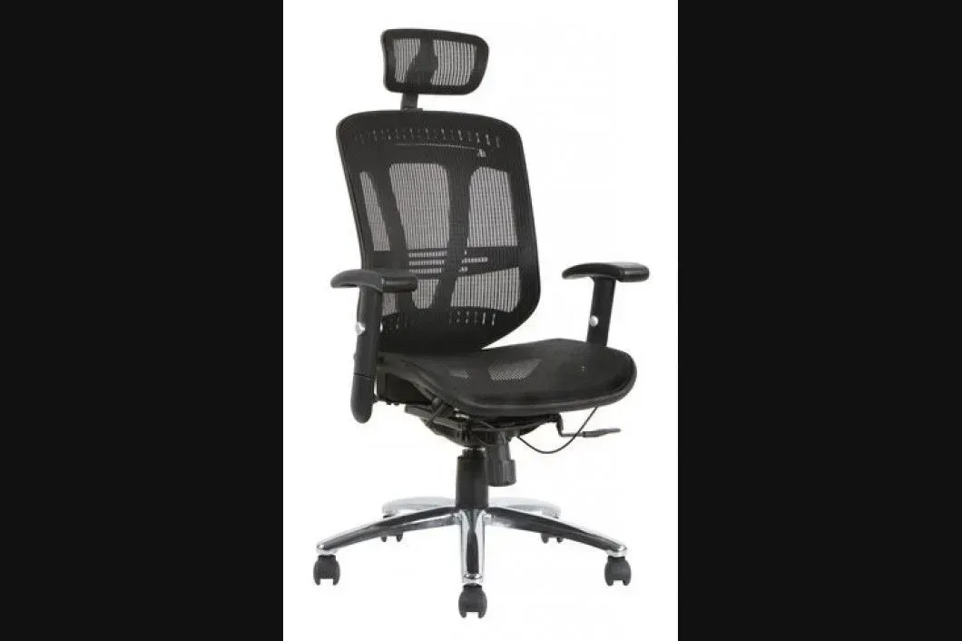 A black office chair with a headrest and arm rests
