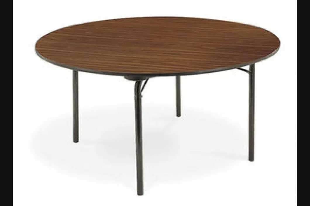 A round table with a wooden top and metal legs