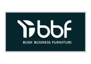 A logo for bush business furniture on a blue background