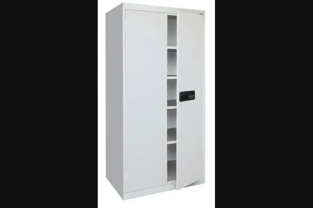 A white cabinet with two doors and shelves