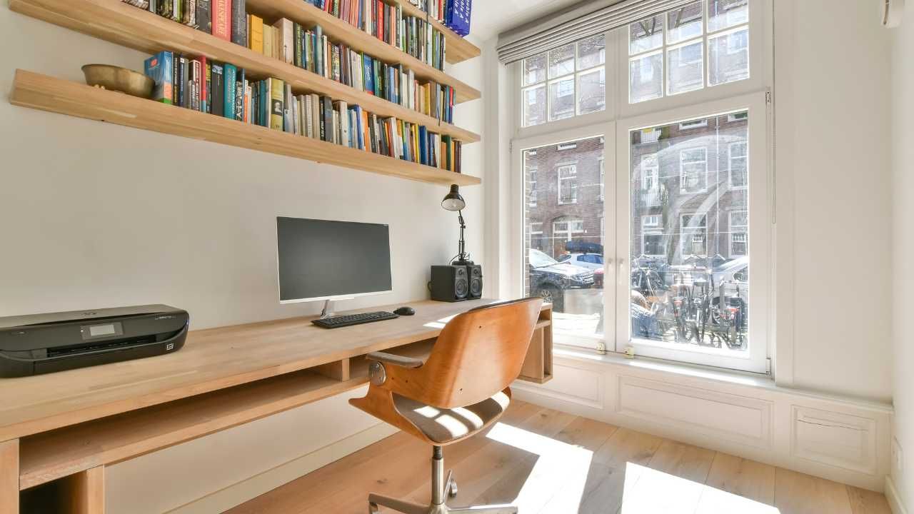 A home office with a desk.