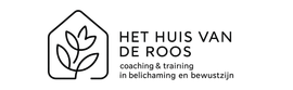 Logo voor "Het Huis Van De Roos": Omtrek van een huis met een roos erin, tekst eronder: "coaching & training."