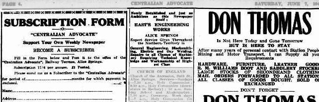 Newspaper clipping with subscription form, announcements, and an advertisement for 