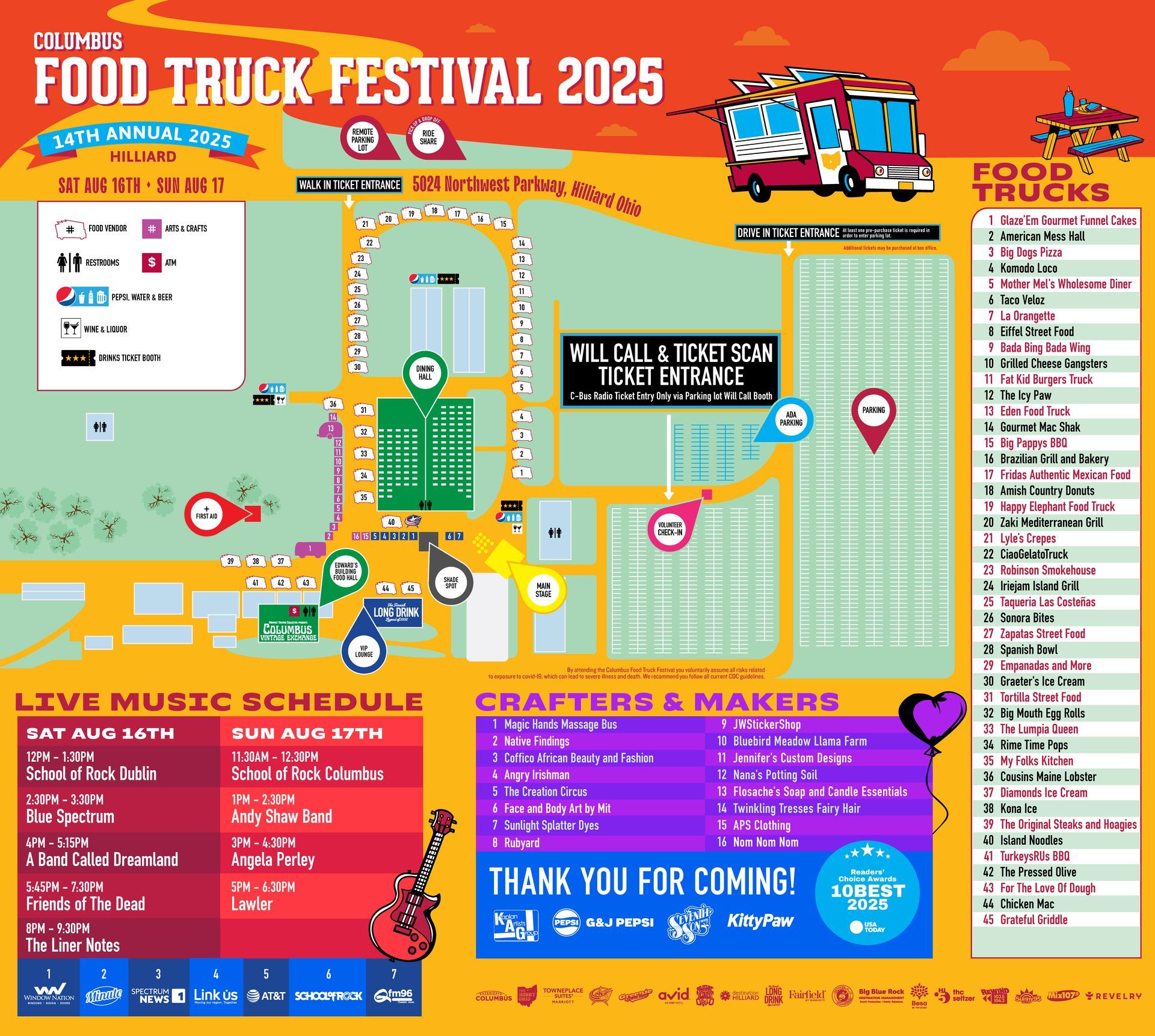 Map of a food truck festival in Clemieus, 2025. It shows food truck locations, live music schedule, and crafters.