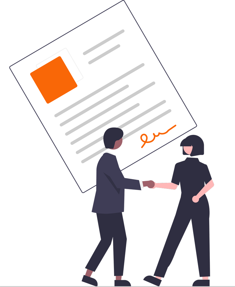 Two people shaking hands, contract in background. Orange square and signature on paper.