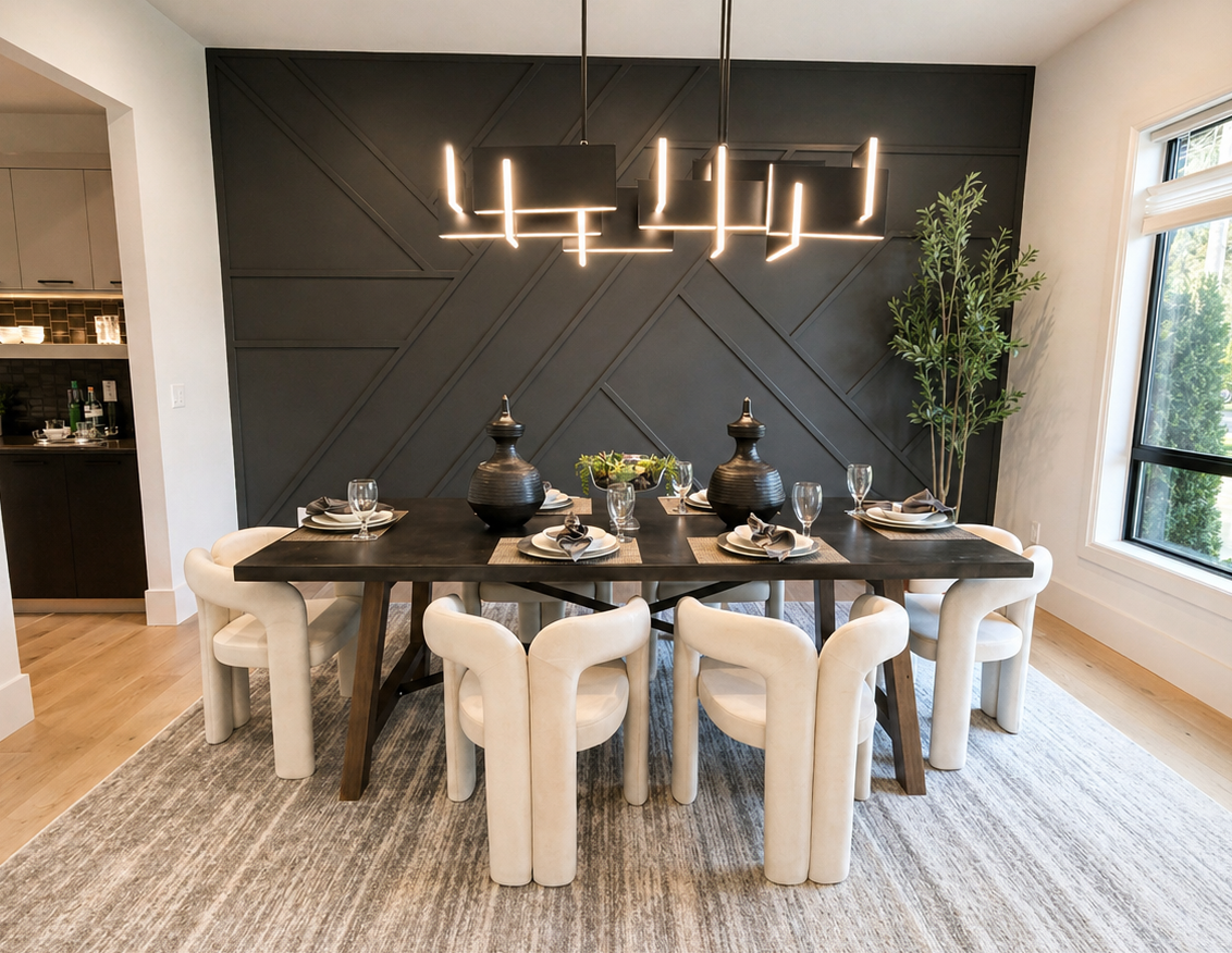 Modern dining room with dark accent wall, long table, cream chairs, and chandelier lighting