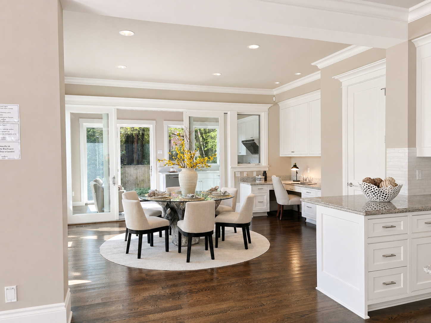 Bright dining room with round table, beige chairs, dark wood floor, and white cabinetry opening to a kitchen